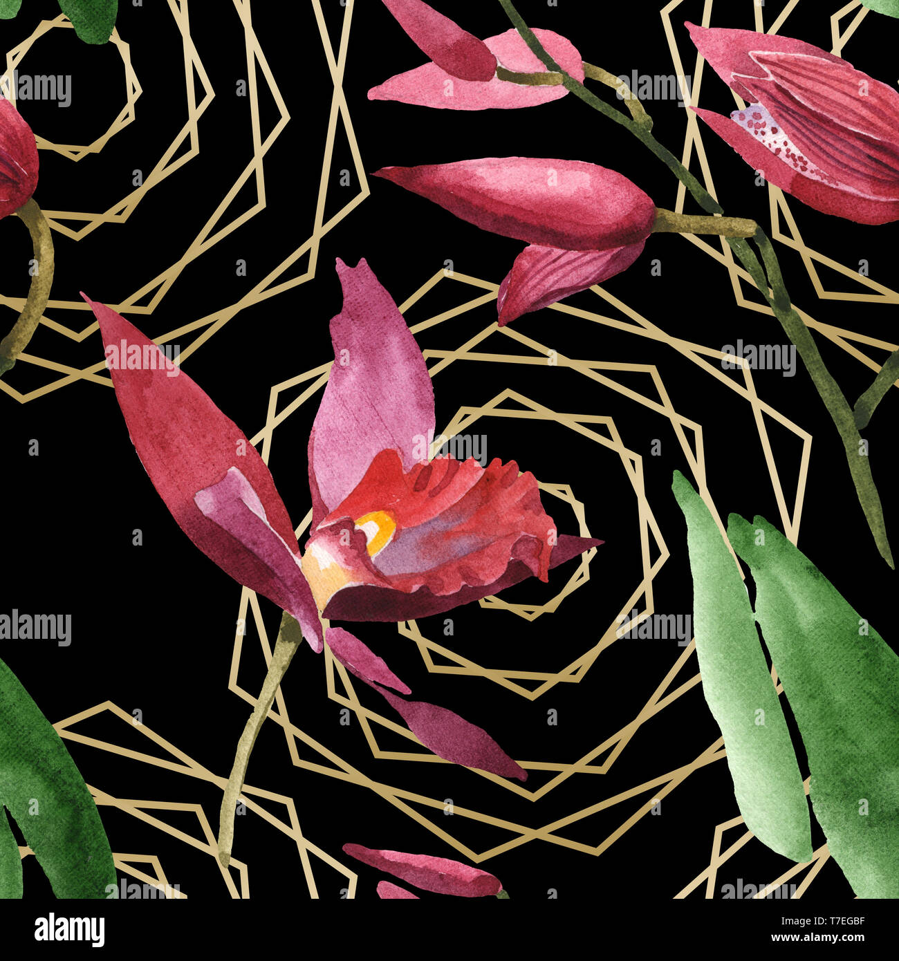 Marsala orchid botanischen Blumen. Wild Federblatt wildflower isoliert. Aquarell Abbildung. Aquarell Zeichnung mode Aquarelle. Nahtlose b Stockfoto