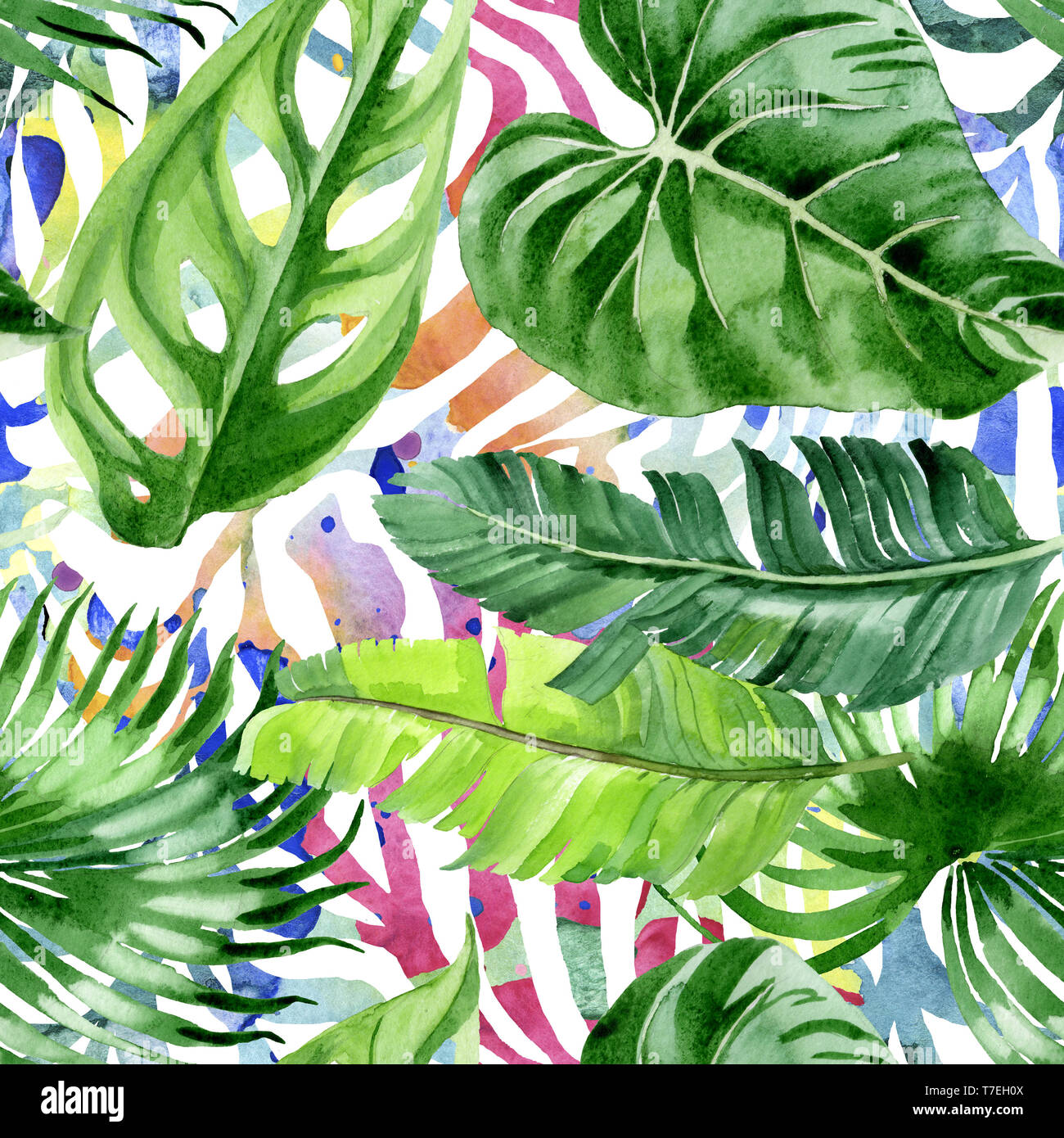 Exotischen tropischen hawaiischen Sommer. Palm Beach Baum Blätter Dschungel Botanical. Aquarell Abbildung. Aquarell Zeichnung Aquarelle. Nahtlose backgro Stockfoto