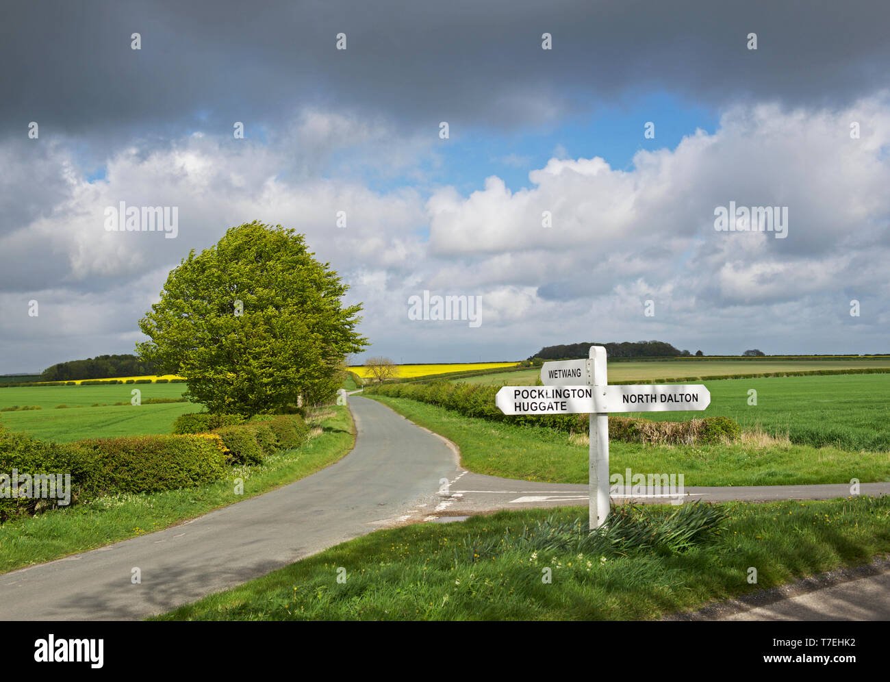 Kreuzung und Schild, in den Yorkshire Wolds, in der Nähe der Huggate, East Yorkshire, England, Großbritannien Stockfoto