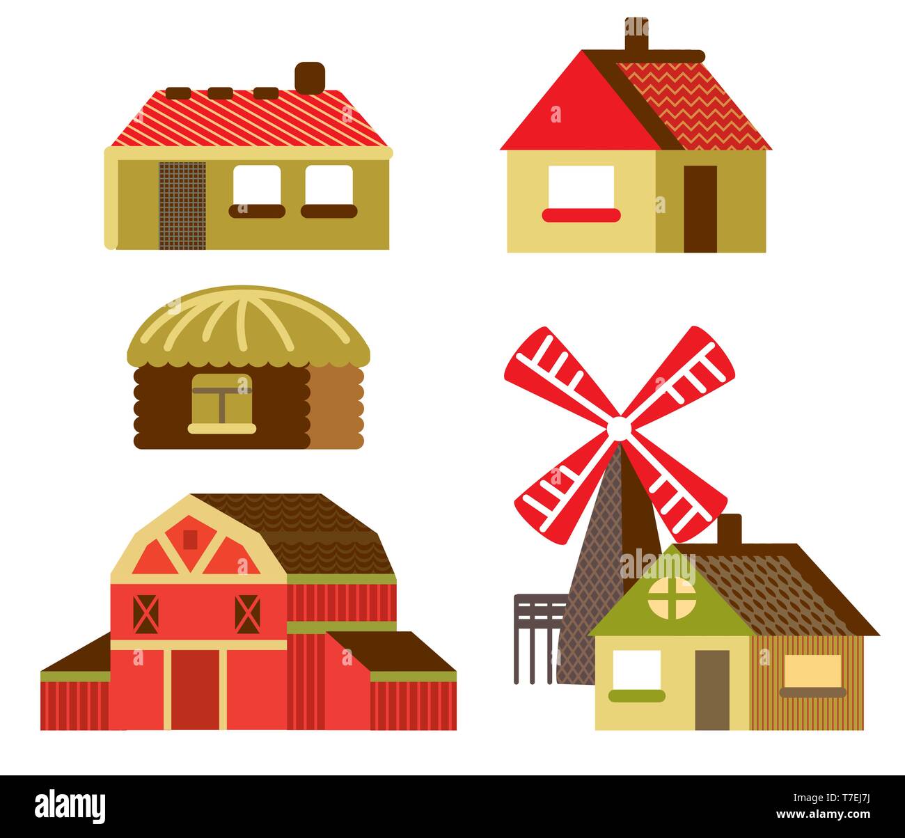 Bunte dekorative Set von Umriss rot cartoon Scheune, Mühle und Landhäuser. Bauernhof Vektor cartoon Flachbild Abbildung in verschiedenen Farben auf Wh isoliert Stock Vektor