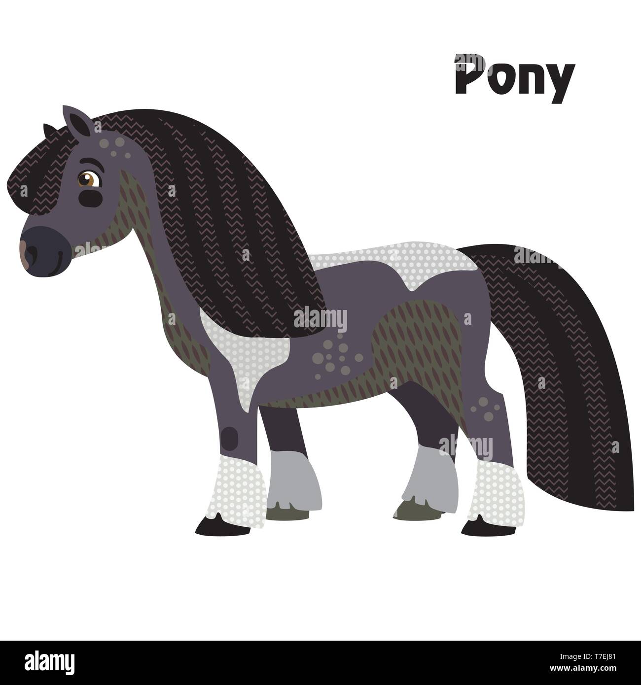 Bunt dekorativ Umrisse cute schwarz Pony steht im Profil. Bauernhof Tiere und Vögel Vektor cartoon Flachbild Abbildung in verschiedenen Farben isoliert Stock Vektor