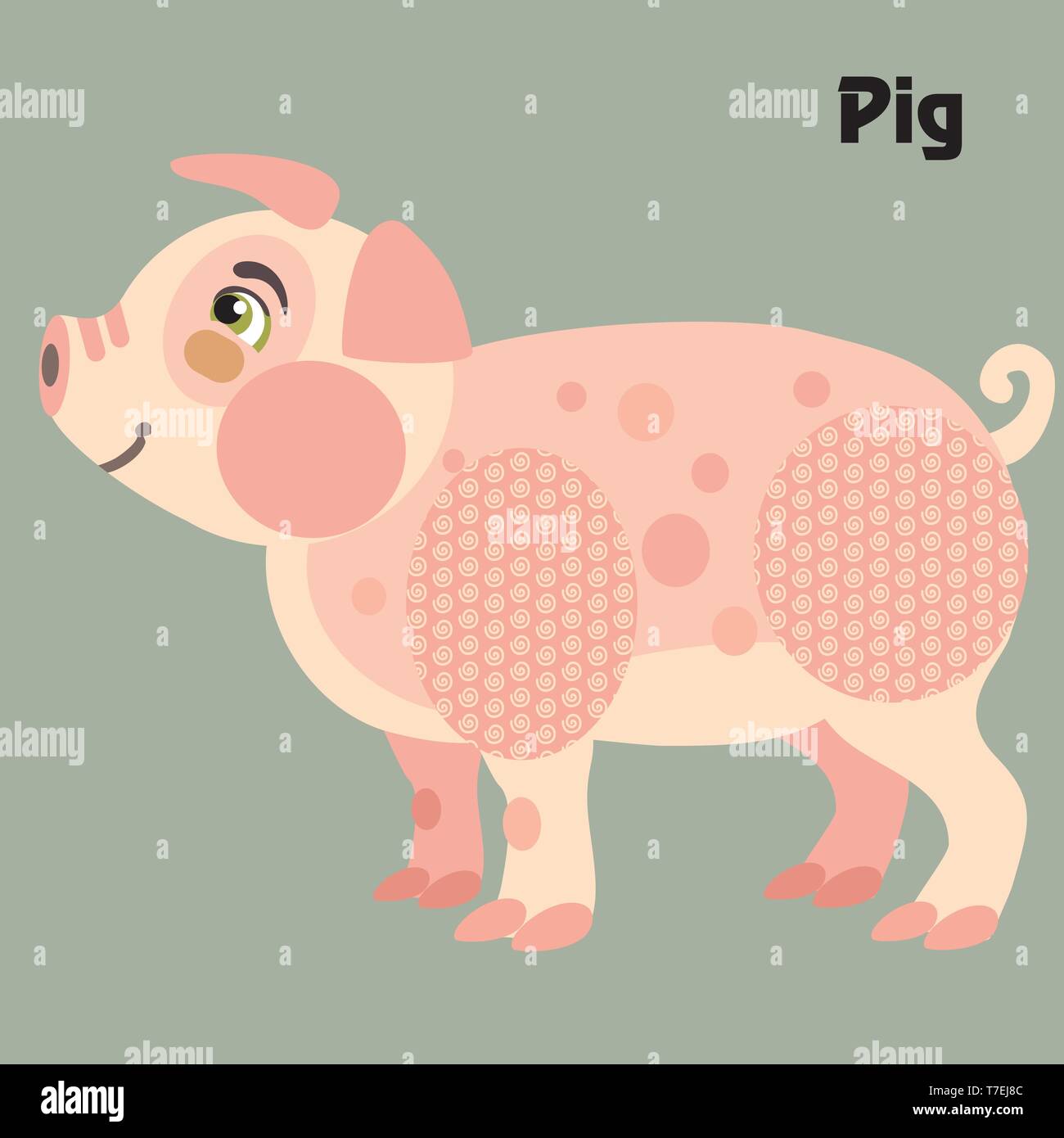 Bunt dekorativ Umrisse niedlichen rosa Schwein stehend im Profil. Bauernhof Tiere und Vögel Vektor cartoon Flachbild Abbildung in verschiedenen Farben auf isolierte Stock Vektor