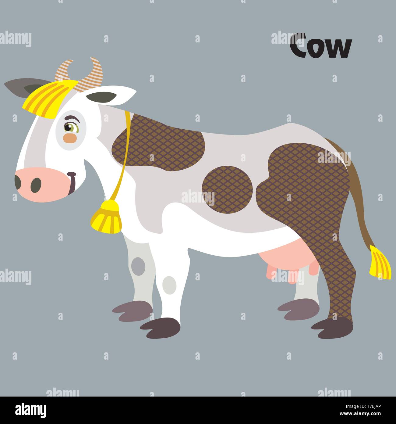 Bunt dekorativ Umrisse cute gehörnten Kuh steht im Profil. Bauernhof Tiere und Vögel Vektor cartoon Flachbild Abbildung in verschiedenen Farben isoliert Stock Vektor