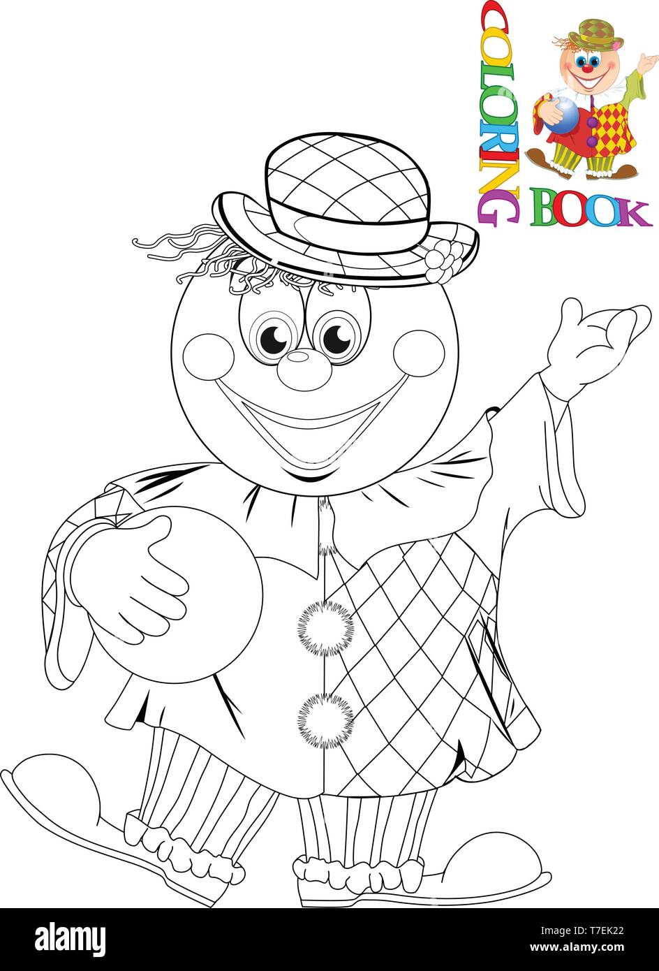 Die Abbildung zeigt eine lustige Karikatur Clown mit einer Kugel. Ist ein schwarzer Umriss für ein Malbuch. Stock Vektor