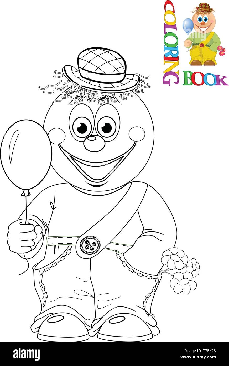 Die Abbildung zeigt eine lustige Karikatur Clown mit einem Ballon in der Hand und Blumen. Ist ein schwarzer Umriss für ein Malbuch. Stock Vektor