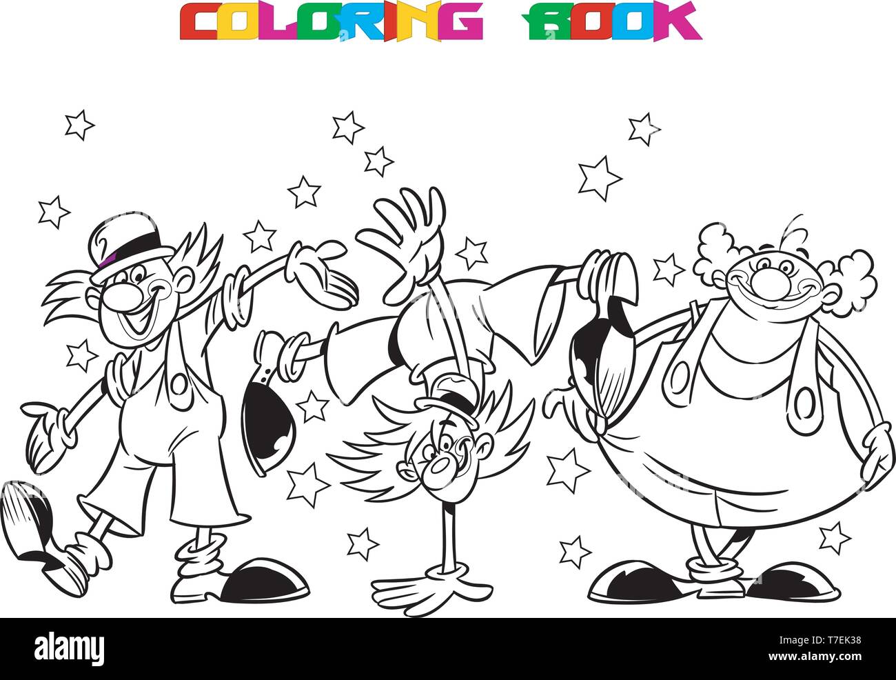 Drei lustige Clowns führt im Zirkus Arena. Ist ein schwarzer Umriss für ein Malbuch. Abbildung im Cartoon Stil gemacht, auf separaten Ebenen Stock Vektor