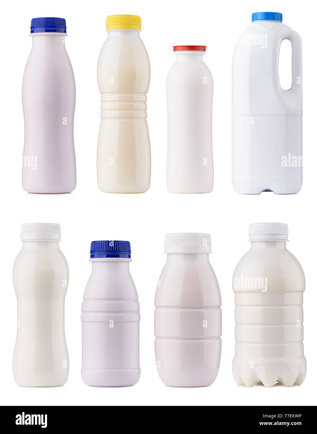 Milchprodukte Verpackung. Milch Flaschen leer Mock-up Design Collection. Sauber geschlossen Joghurt Flaschen auf weißem Hintergrund. Stockfoto