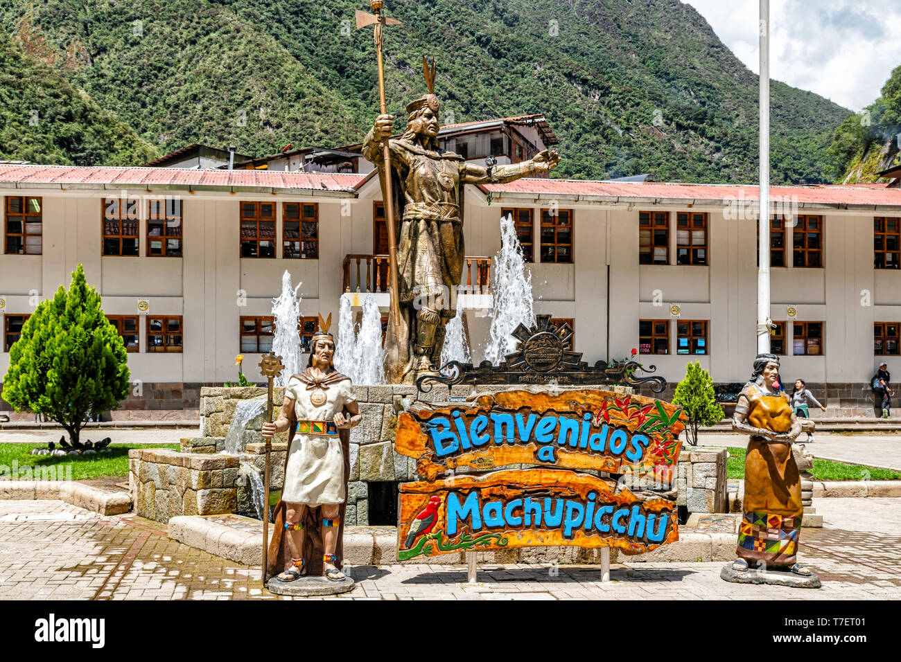 Aguas Calientes, Peru - April: Statue des Pachacuti in Aguas Calientes, Peru. Pachacuti wurde der 9 Sapa Inka des Königreichs Cusco. Stockfoto