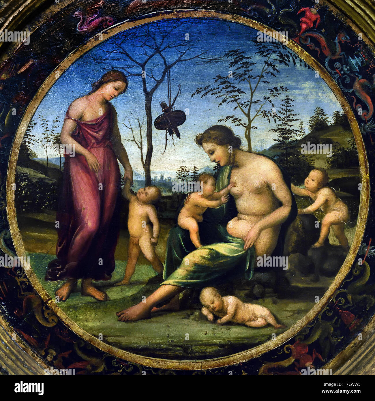 Terrestrische Venus mit Eros und himmlischen Venus mit Anteros und zwei andere Amoretten, sagt Allegorie der Liebe 1508. Giovanni Antonio Bazzi, da sodoma Vercelli 1477 - Siena, 1549, Italienisch, Italien, Stockfoto