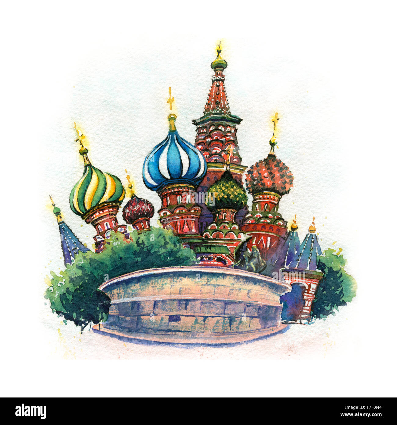 Aquarell Skizze der Kathedrale von Vasily der Seligen oder Heiligen Basilius Kathedrale in Moskau, Russland Stockfoto
