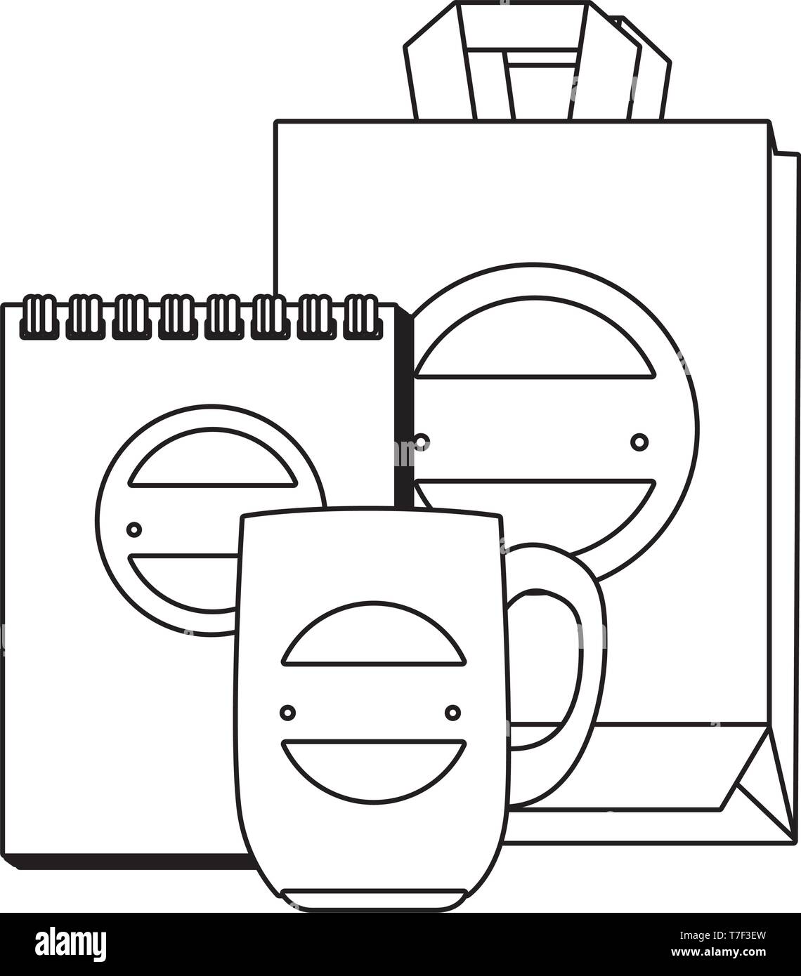 Becher und Shopping Bag und Notizblock mit Emblem Stock Vektor