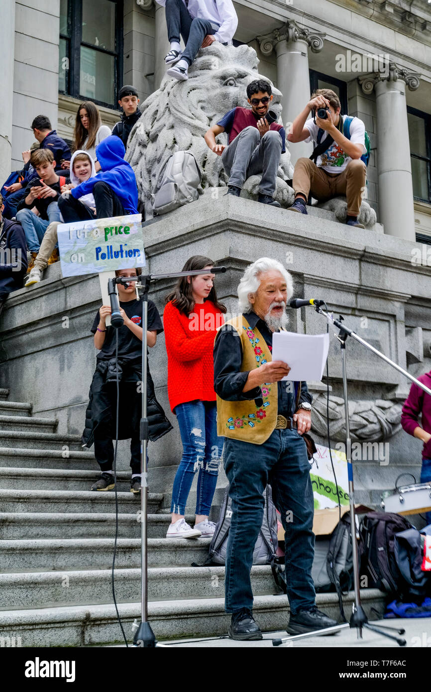 David Suzuki spaeks an Sustainabiliteens Klima Streik. Schüler überspringen Schule und Protest Mangel an Maßnahmen zur Bekämpfung des Klimawandels, Vancouver Art Gallery, Va Stockfoto