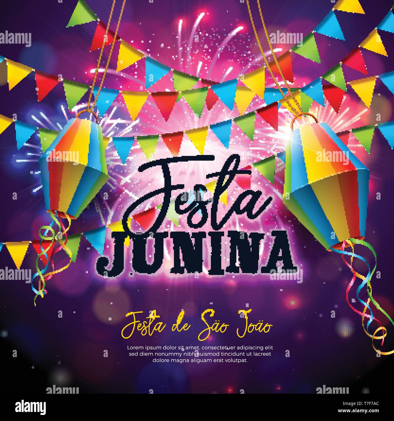 Festa Junina Abbildung mit Fahnen und Papier Laterne auf Feuerwerk Hintergrund. Vektor Brasilien Juni Festival Design für eine Einladung oder Urlaub Stock Vektor