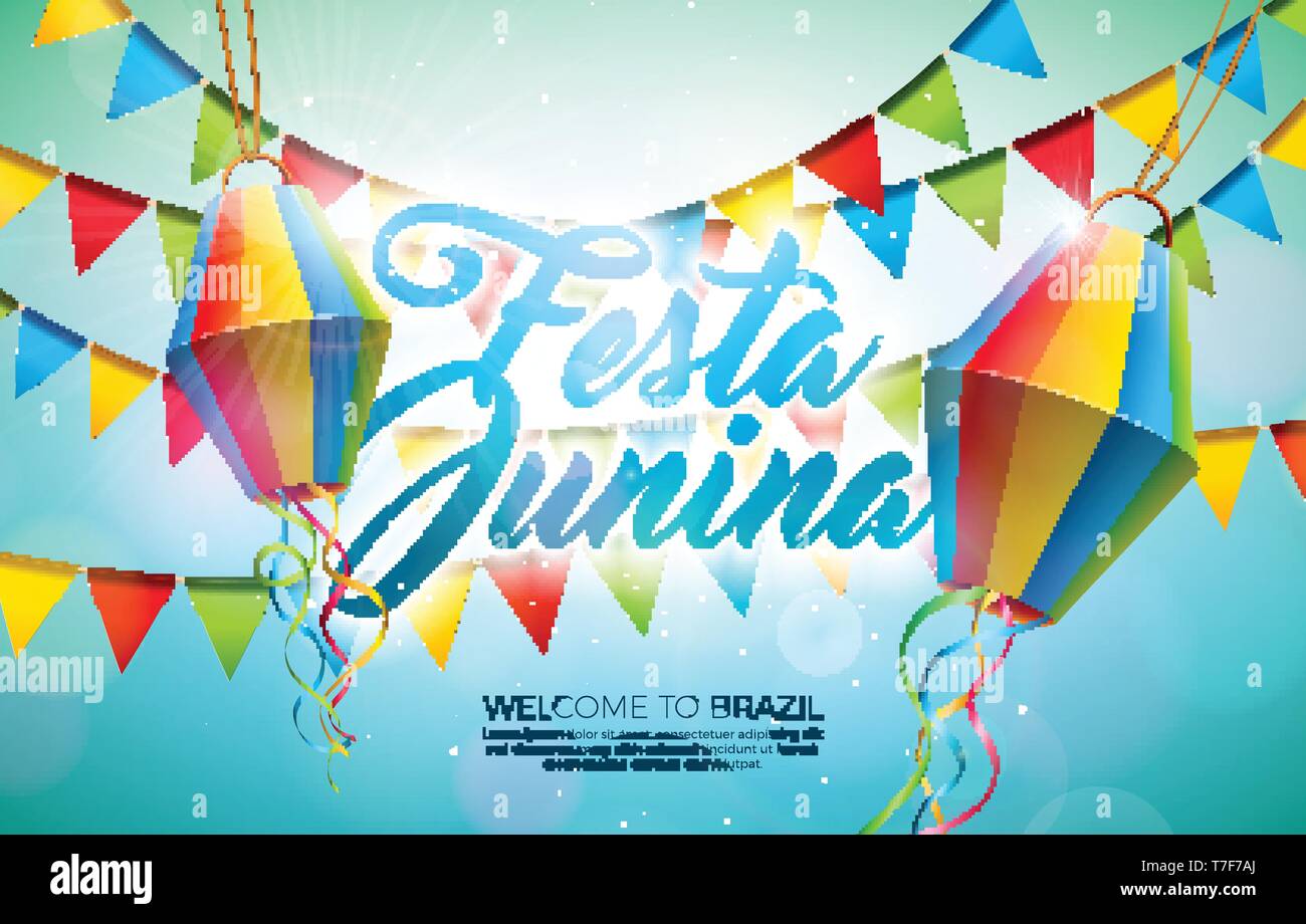 Festa Junina Abbildung mit Party Flaggen und Papier Laterne auf blauem Hintergrund. Vektor Brasilien Juni Festival Design für Grußkarten, Einladung oder Stock Vektor