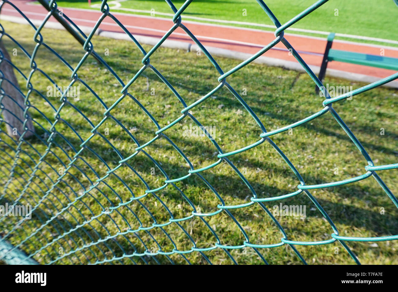 Grüner Draht Zaun am Fußballplatz Nähe zu sehen. Stockfoto