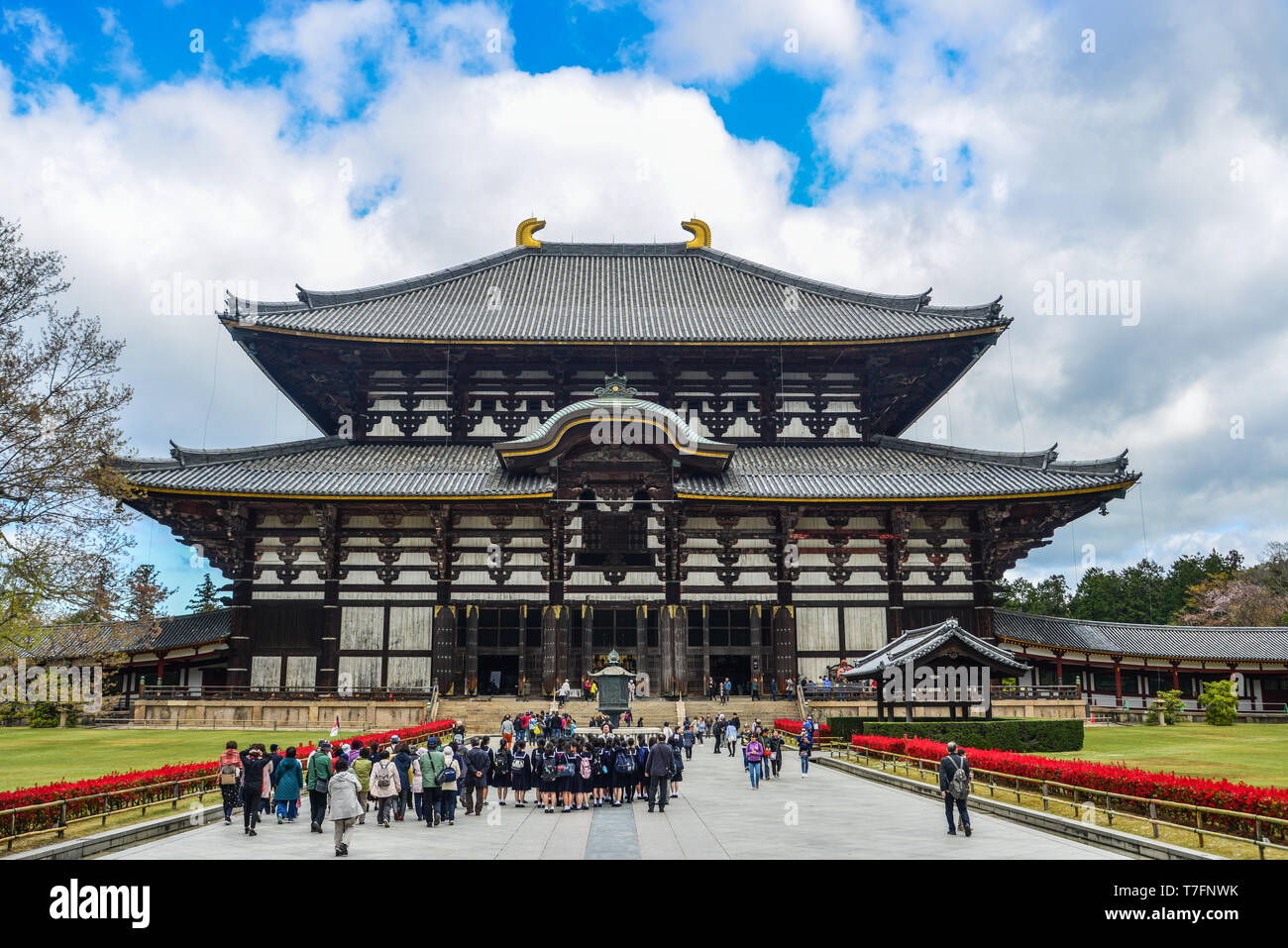 Nara, Japan - Apr 10, 2019. Menschen besuchen den Todaiji Tempel in Nara, Japan. Todai-ji ist Nara beliebteste Touristenattraktion und ein UNESCO-Weltkulturerbe, Sitzen Stockfoto