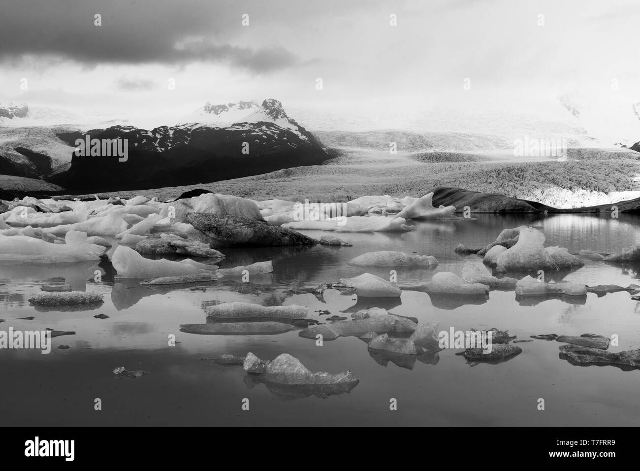 Fjallsárlón Lagune, schwimmende Eisberge in der Lagune mit Gletscher im Hintergrund Stockfoto