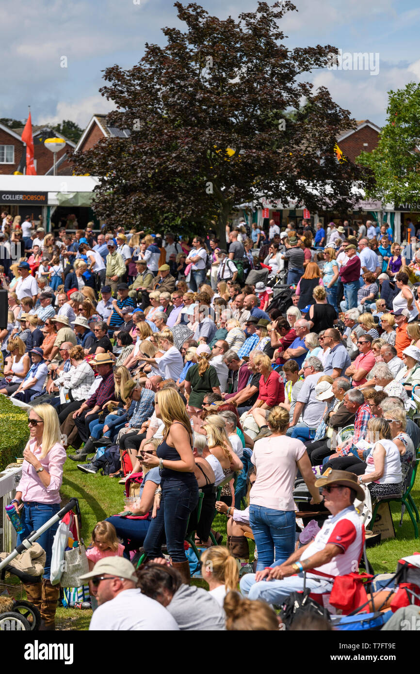 Viele Menschen zuschauen, um Main Arena versammelten sich entspannen, sitzen in der Sonne und beobachtete Ereignis - Tolle Yorkshire zeigen, Harrogate, England, UK. Stockfoto