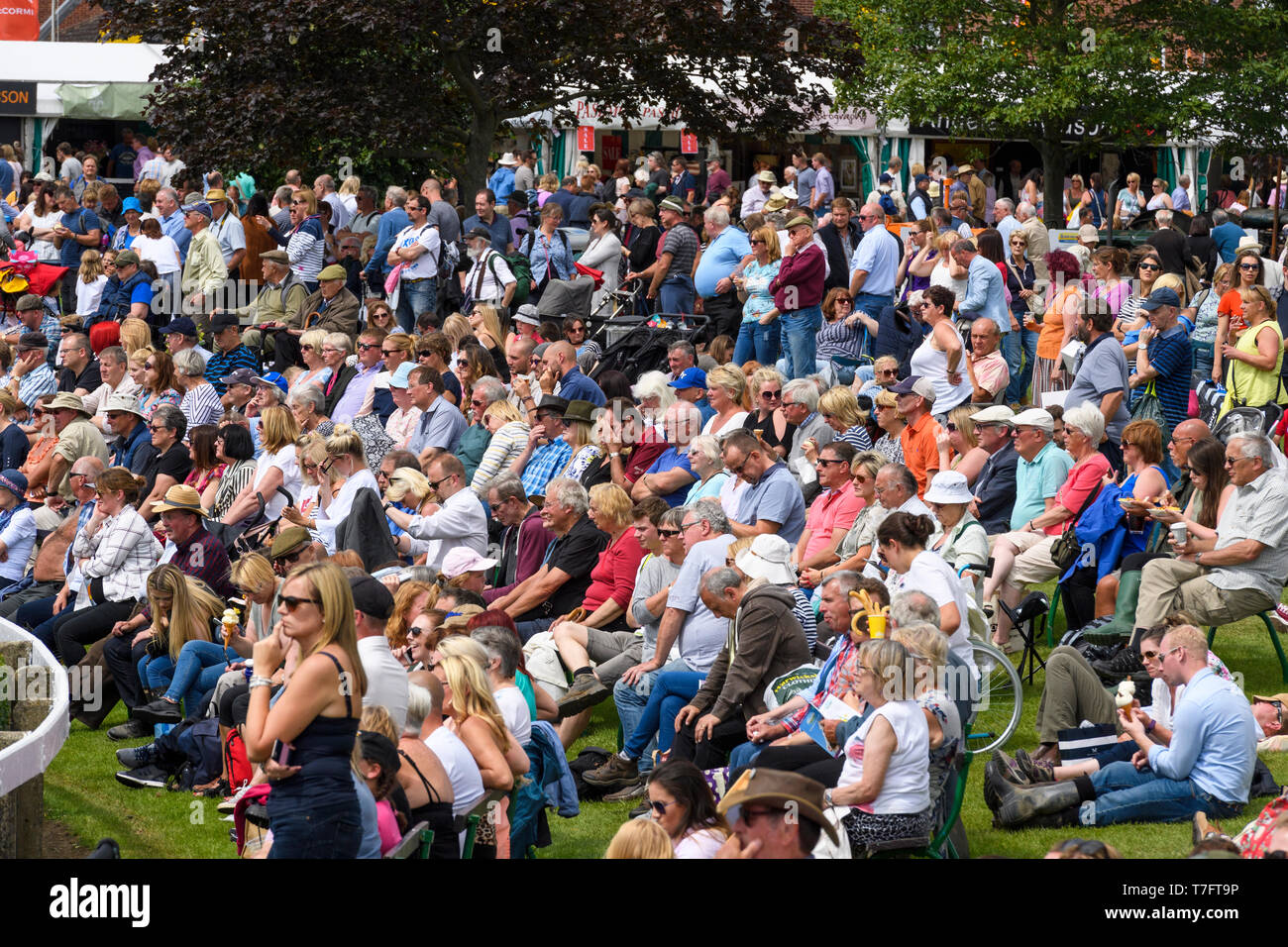 Viele Menschen zuschauen, um Main Arena versammelten sich entspannen, sitzen in der Sonne und beobachtete Ereignis - Tolle Yorkshire zeigen, Harrogate, England, UK. Stockfoto