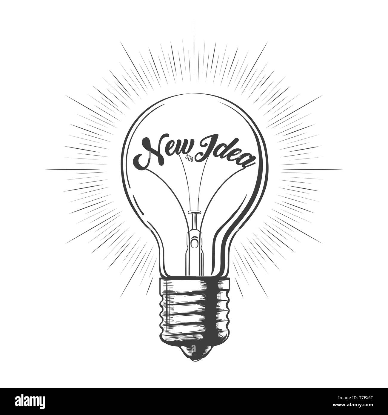 Glühlampe mit Fassung neue Idee in Gravur Stil gezeichnet. Vector Illustration. Stock Vektor