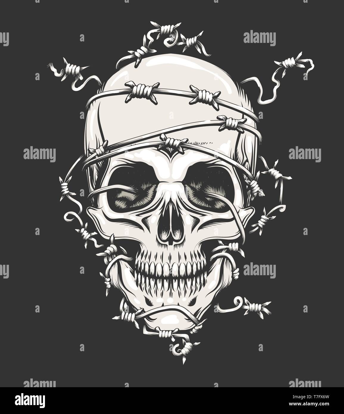 Menschlicher Schädel in Stacheldraht in Tattoo Stil gezeichnet. Vector Illustration. Stock Vektor