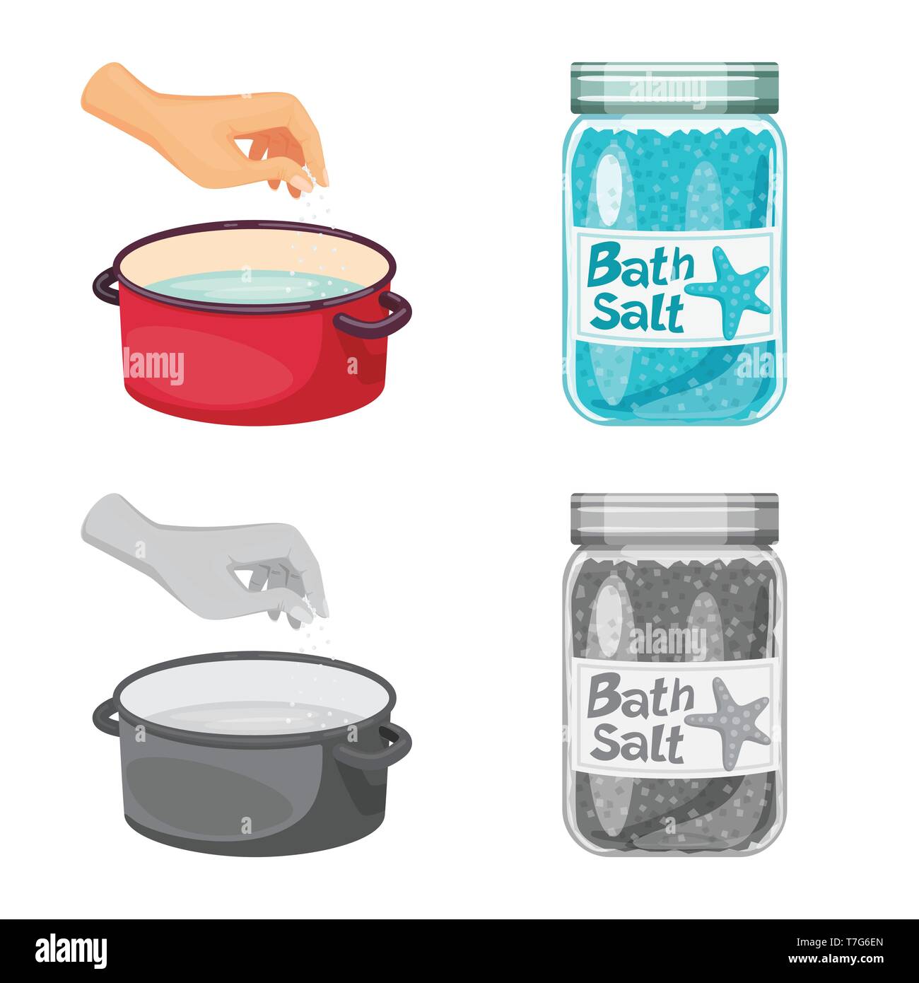 Kasserolle, Flasche, Wasser, salzig, Badewanne, arm, Spa, Gewürze, Vintage, Streuen, Pulver, weiß, Mehl, Container, Reinigen, Kochen, Meer, Natur, Backen, Salz, Nahrungsmittel-, Natrium-, Mineral, Raw, Küche, Set, Vector, Icon, Illustration, isoliert, Sammlung, Design, Element, Grafik, Zeichen, Vektor, Vektoren, Stock Vektor