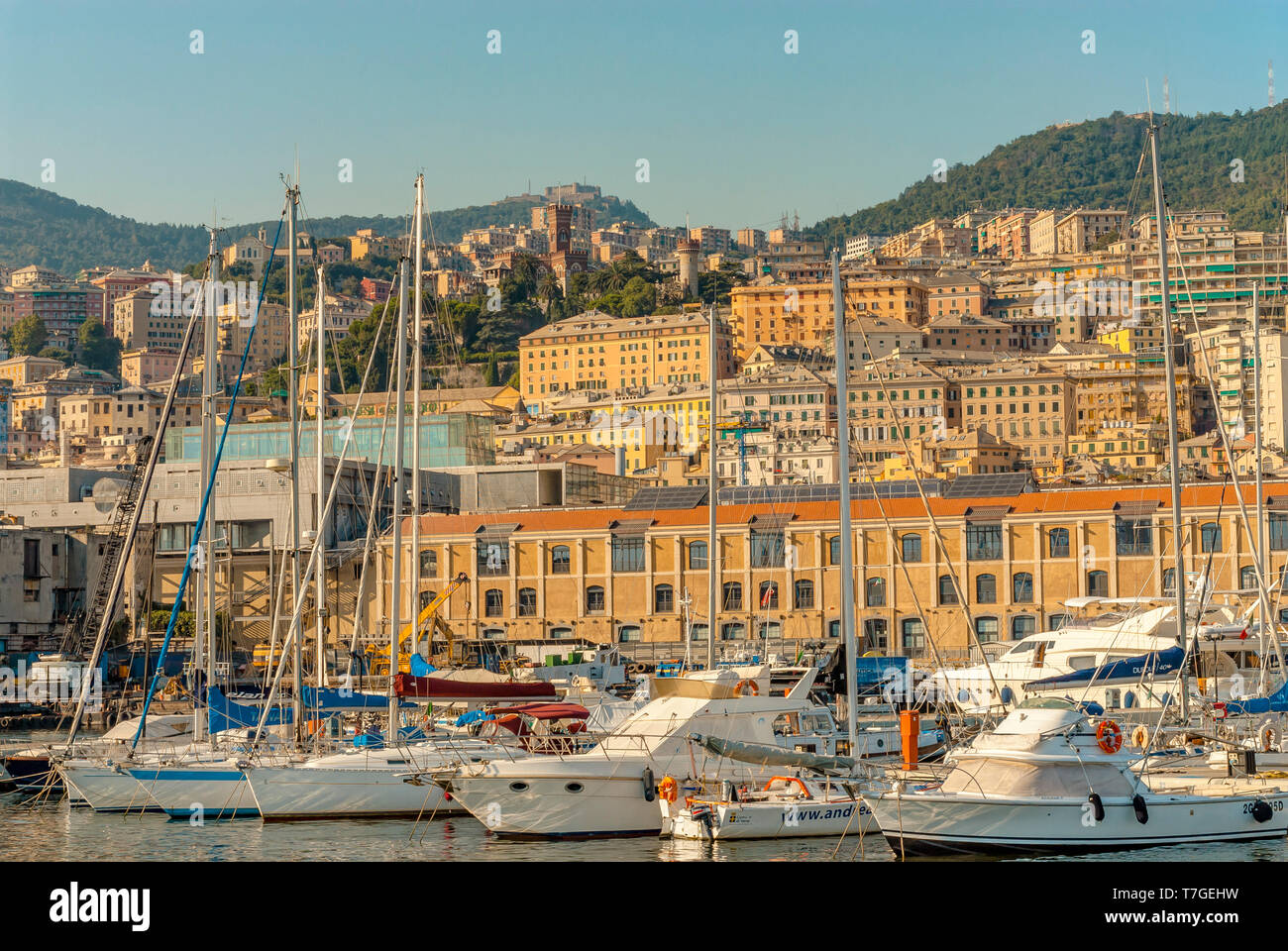 Yachten und Segelschiff im Hafen Porto Antico von Genua, Ligurien, Nordwestitalien Stockfoto