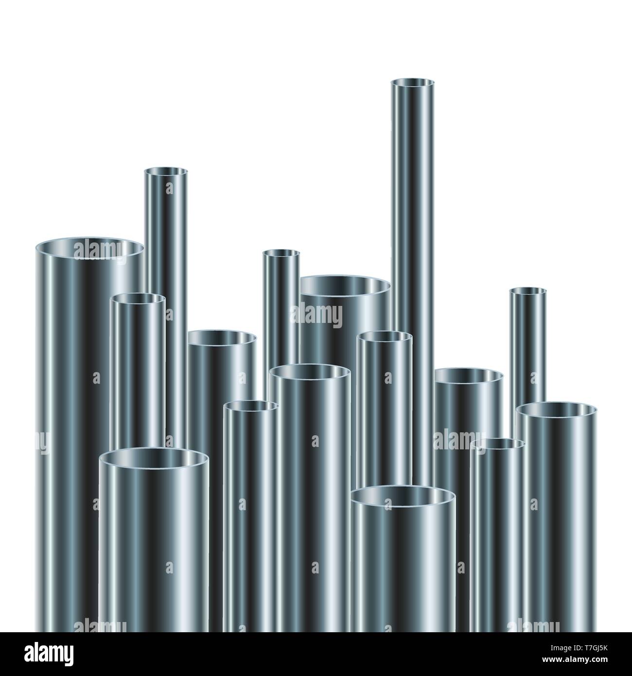Satz von Stahl oder aluminium Rohre, isoliert. Vector Illustration. Glänzend 3d-Rohre mit unterschiedlichen Durchmessern. Stock Vektor