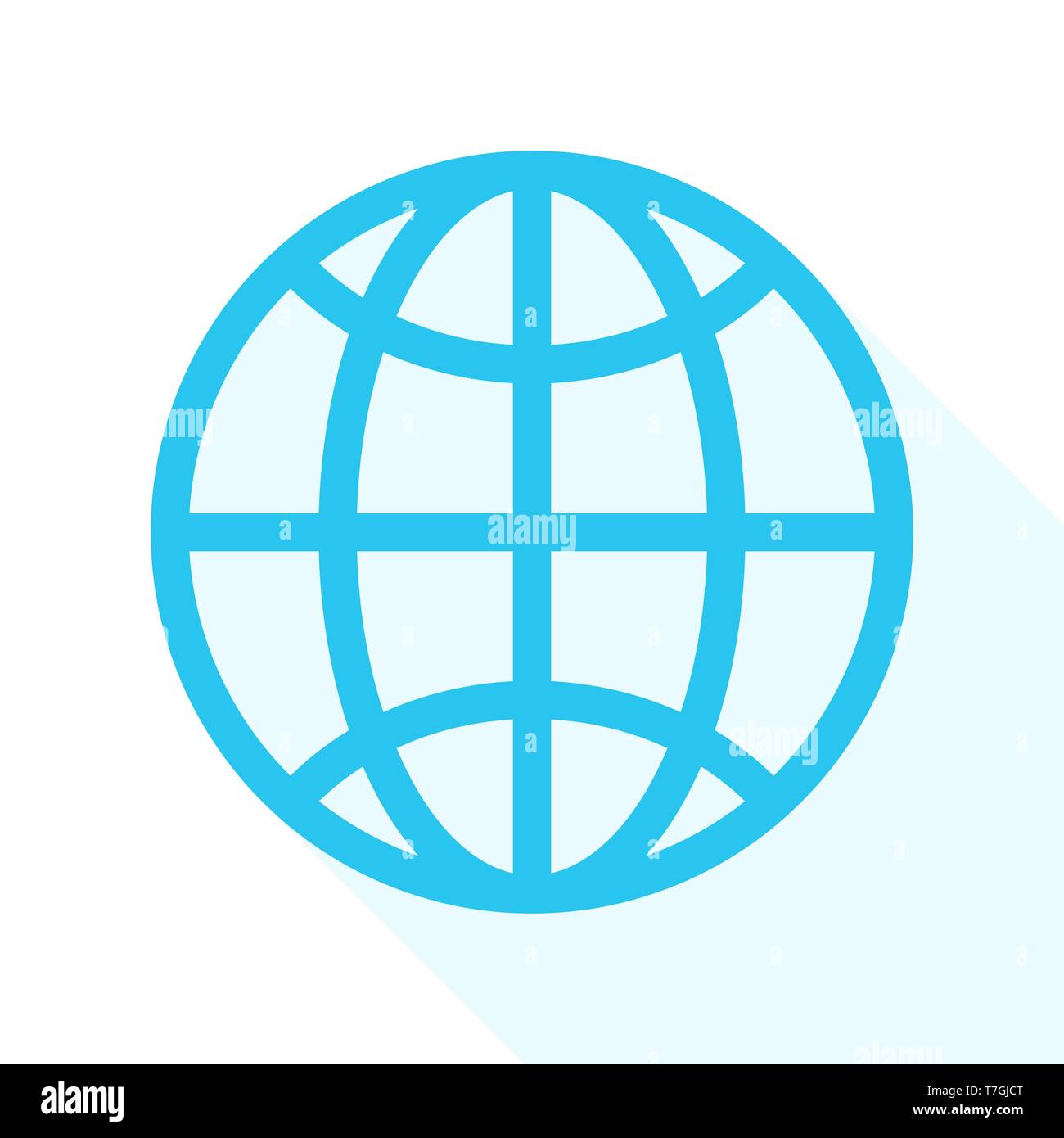 Blauer Globus Symbol mit langen Schatten. Vector Illustration. Symbol der Erde. Planet Symbol. Welt Symbol im flachen Stil Stock Vektor