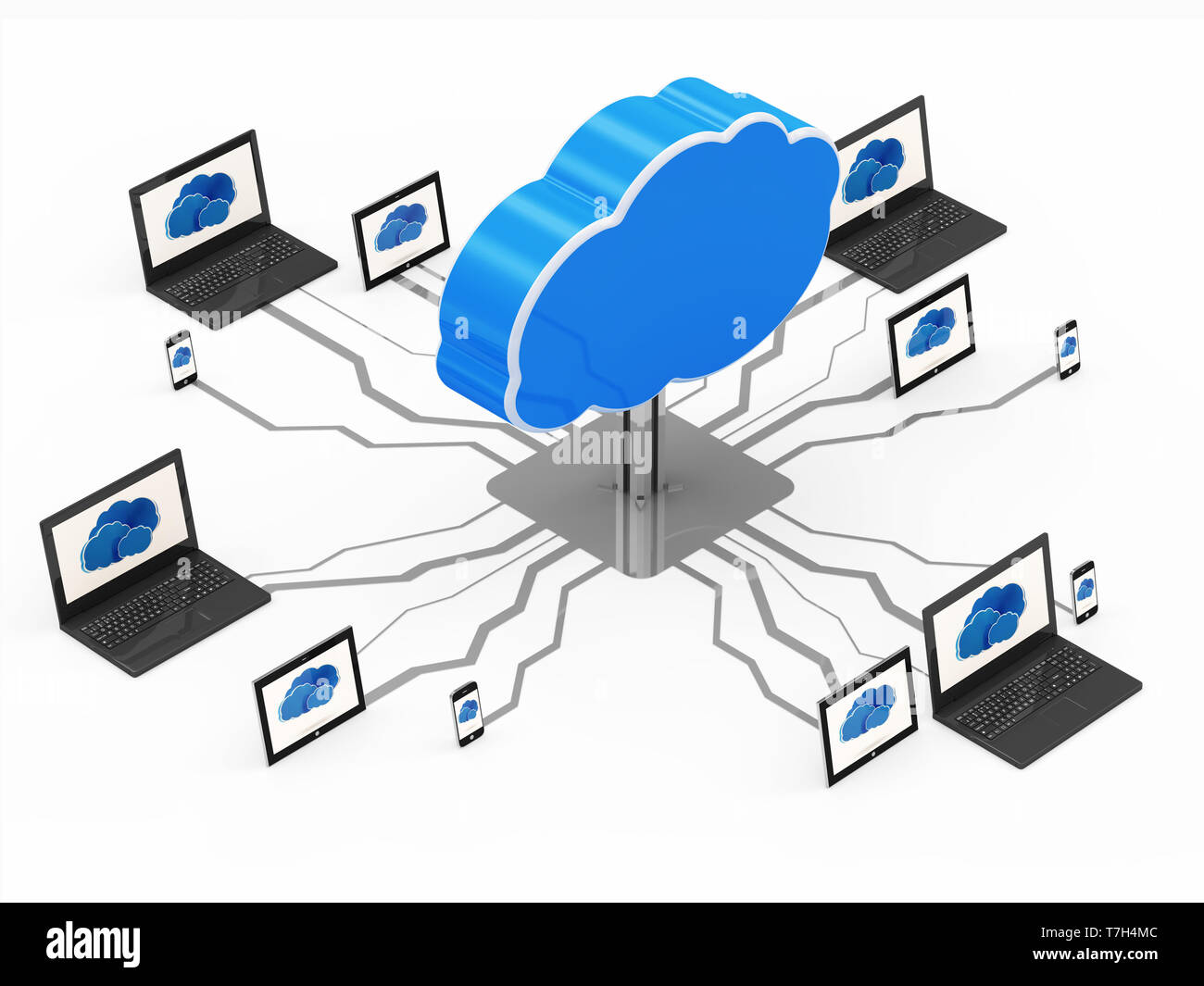 Cloud Computing Konzept mit Laptop, Tablet PC und Touchscreen Smartphone Stockfoto