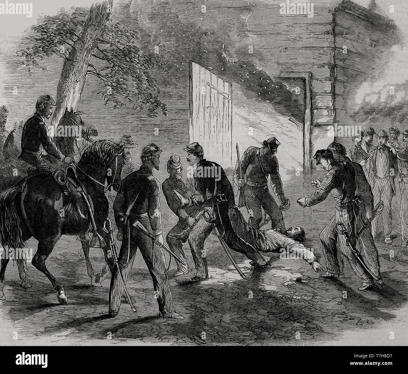 Die Ermordung von John Wilkes Booth - Die Sterbenden Mörder aus der Scheune, wo er Zuflucht gesucht hatten, auf Garrett's Farm, in der Nähe von Port Royal, Virginia, 26. April 1865 Stockfoto