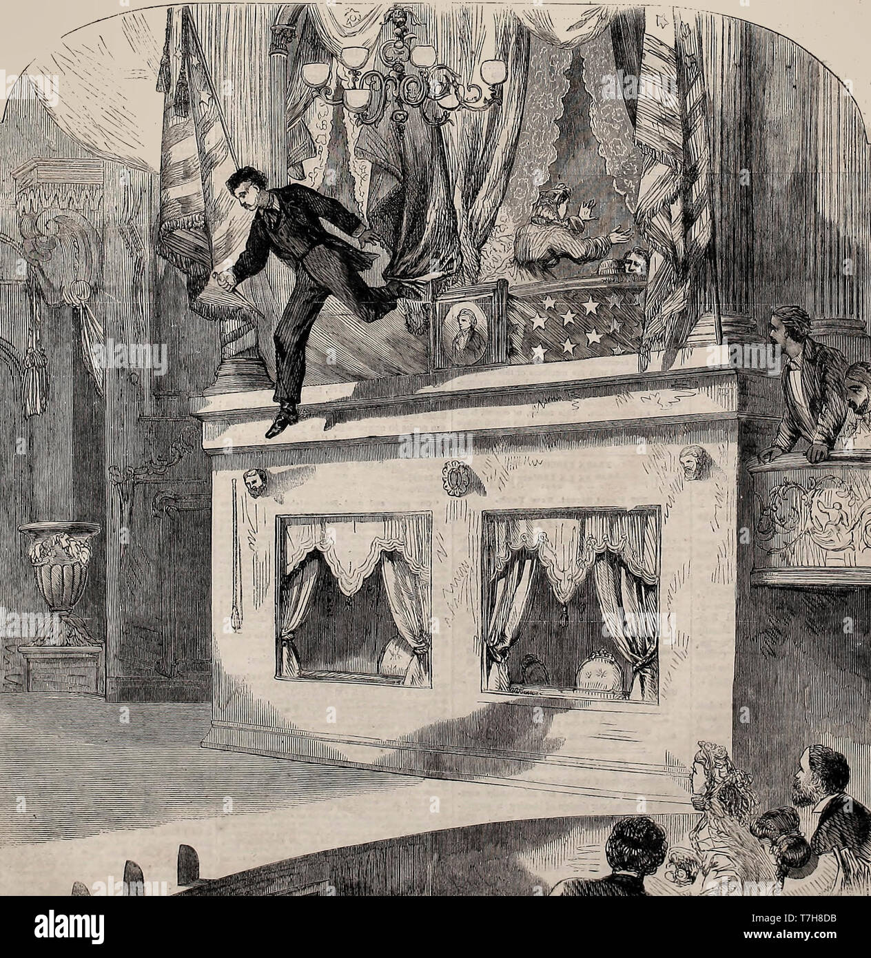 Attentat auf Präsident Abraham Lincoln - der Mörder hüpft auf die Bühne und fangen seine in der Flagge, die vor der Präsident, April 1865 hung Sporn Stockfoto