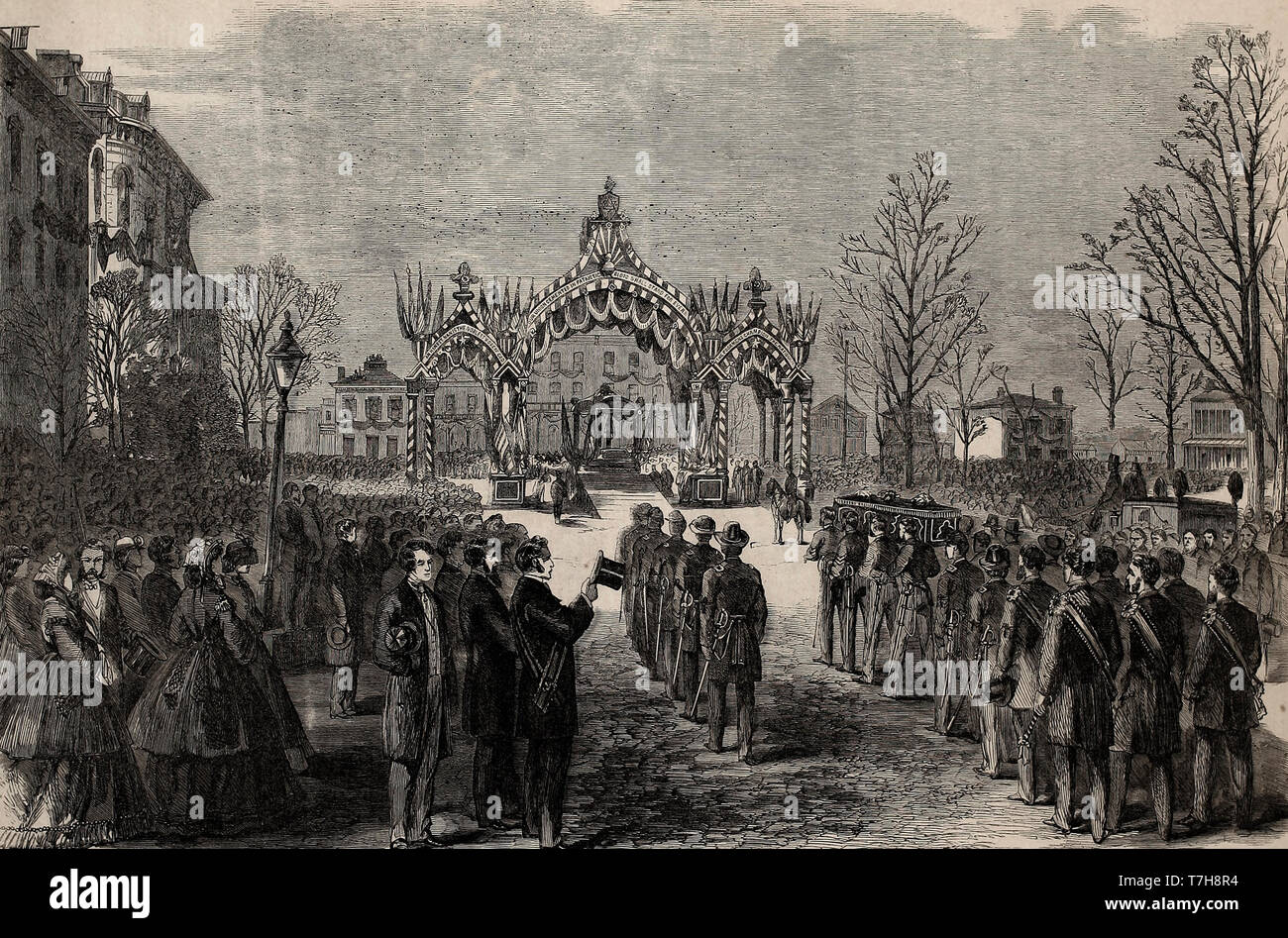 Trauerfeier von Präsident Abraham Lincoln, in Chicago, Illinois, Mai 1, 1865 - Ausbau der Sarg aus der Beerdigung Zug nach dem Katafalk Stockfoto