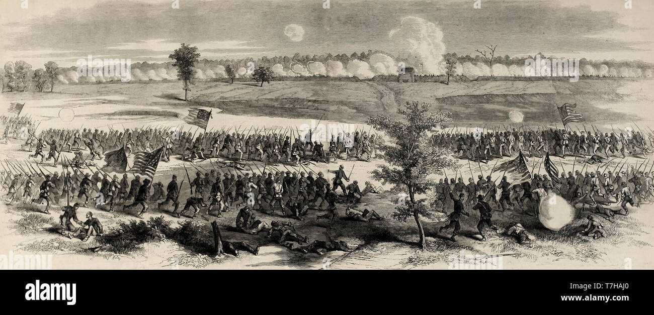 Grant's Kampagne Südlich des James - Schlacht von Pappel Frühjahr Kirche, 30. September 1864 - Die fünfte Korps (Warren) laden und die Festung des Feindes auf der linken Amerikanischen Bürgerkrieg Stockfoto