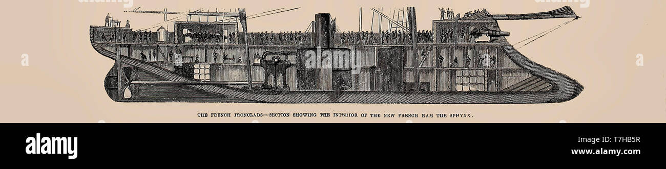 Die französische Panzerschiffe-Bereich mit dem Interieur der neuen französischen Ram die Sphynx - 1864 Stockfoto