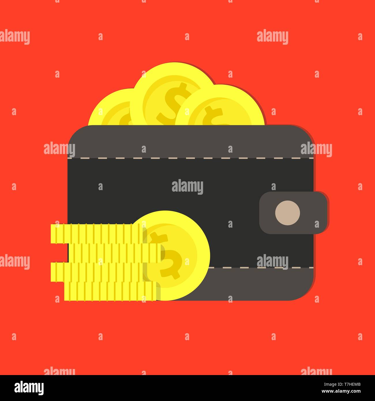 Gold Münzen in einer Leder Geldbörse vektor Flachbild illustration Design Konzept. Stock Vektor