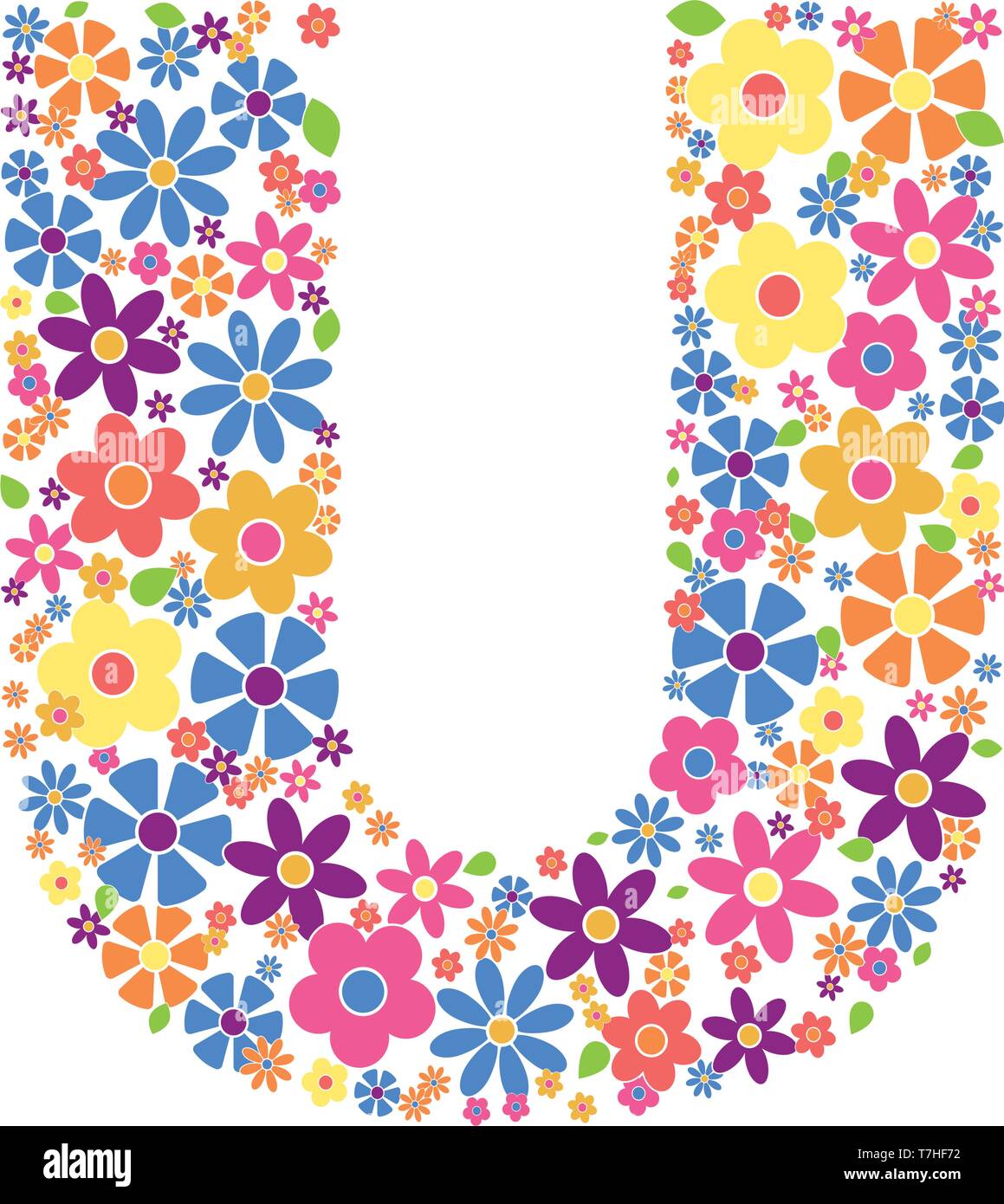 Buchstabe U gefüllt mit einer Vielzahl von bunten Blumen auf weißem Hintergrund Vektor-illustration isoliert Stock Vektor