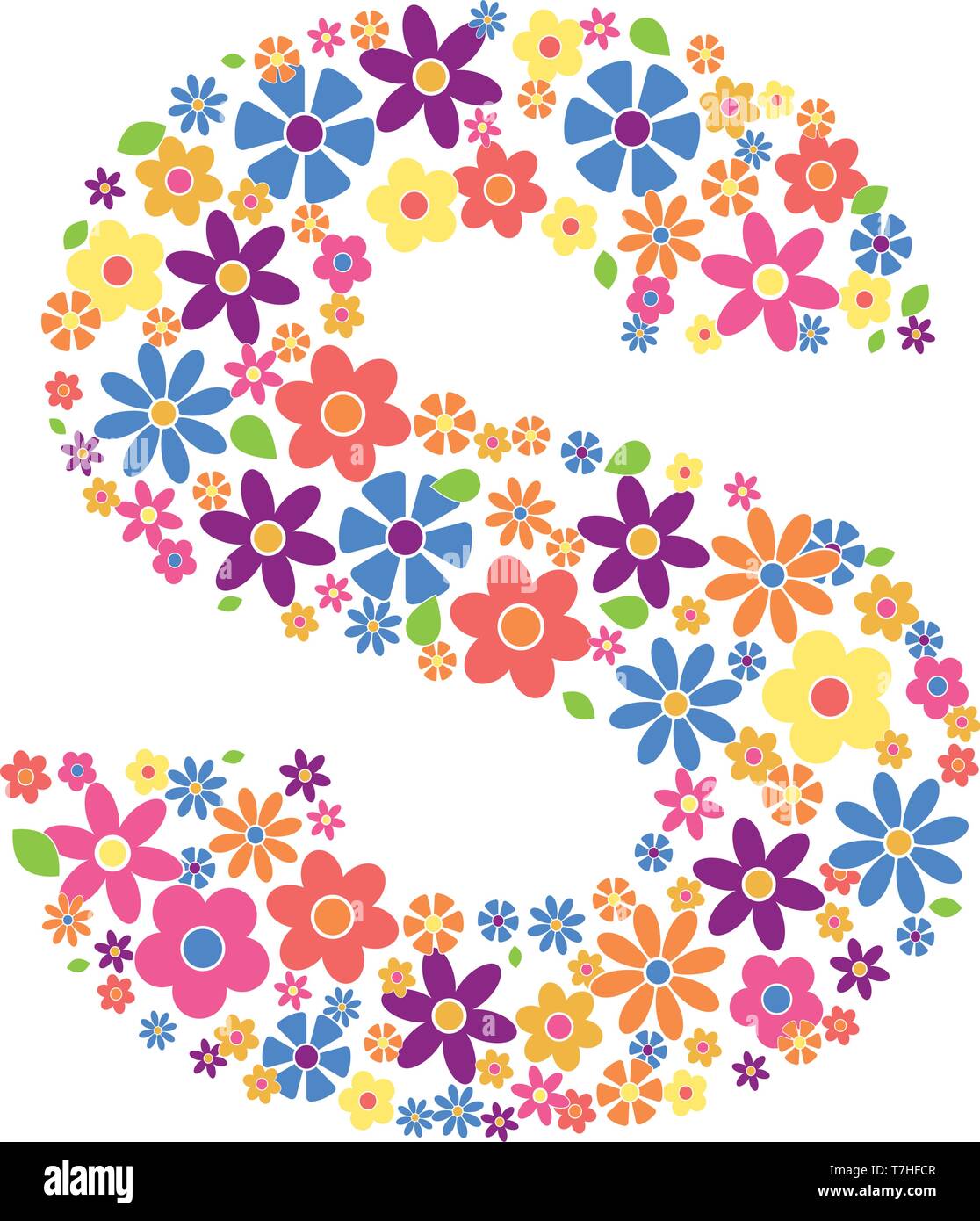 Buchstabe S gefüllt mit einer Vielzahl von bunten Blumen auf weißem Hintergrund Vektor-illustration isoliert Stock Vektor