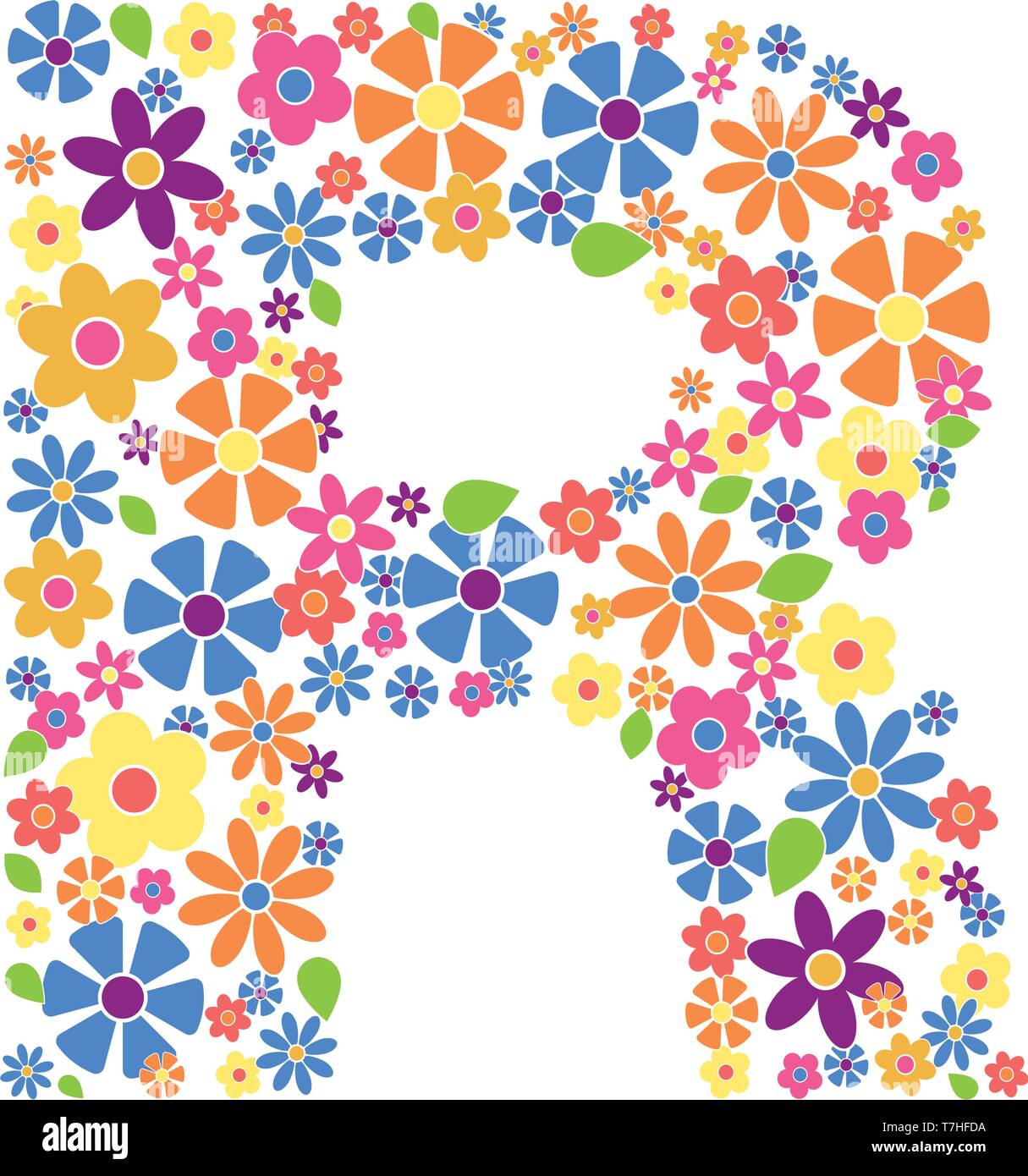 Buchstabe R gefüllt mit einer Vielzahl von bunten Blumen auf weißem Hintergrund Vektor-illustration isoliert Stock Vektor