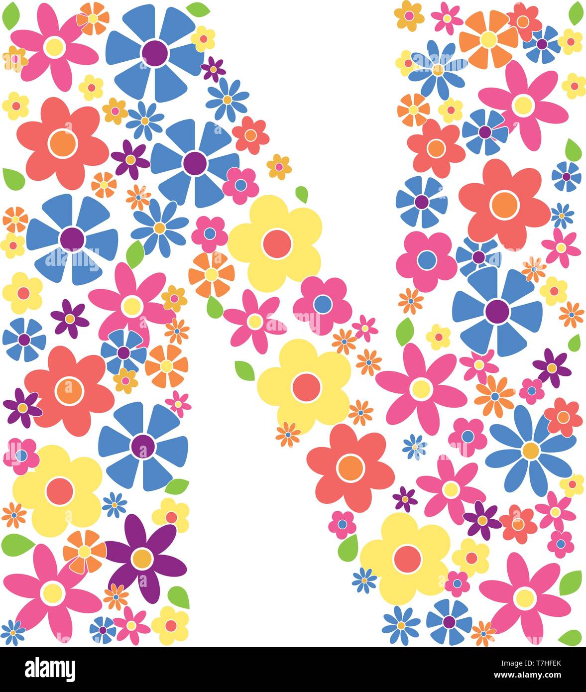 Buchstabe N gefüllt mit einer Vielzahl von bunten Blumen auf weißem Hintergrund Vektor-illustration isoliert Stock Vektor