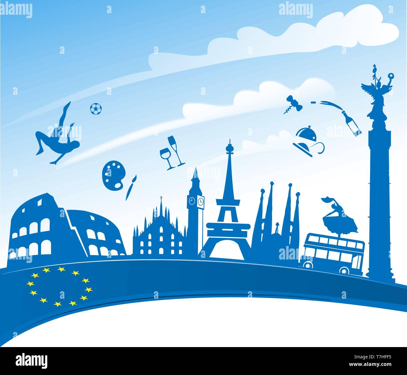 Euroean Fahne mit Silhouette von einigen europäischen Städten und seine Denkmäler. Vector Illustration Stock Vektor