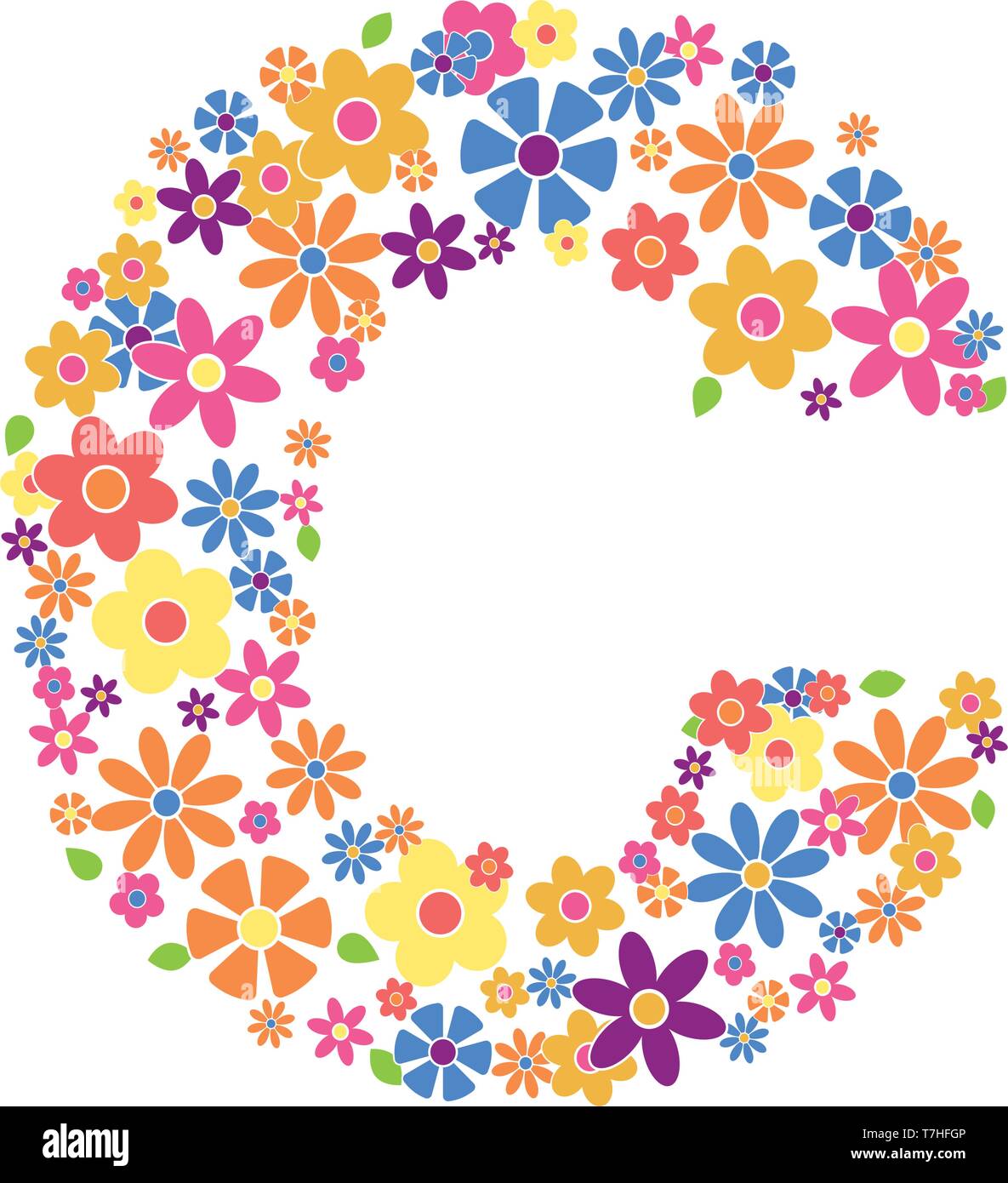 Buchstaben C mit einer Vielzahl von bunten Blumen auf weißem Hintergrund Vektor-illustration isoliert gefüllt Stock Vektor