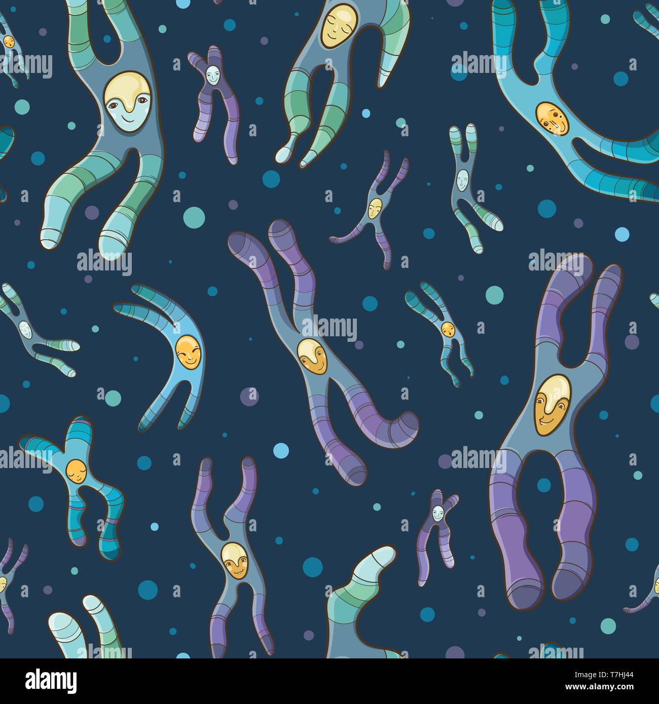 Vektor Cartoon Illustration der Chromosomen. Fröhliche nahtlose Muster für die Schule. Stock Vektor