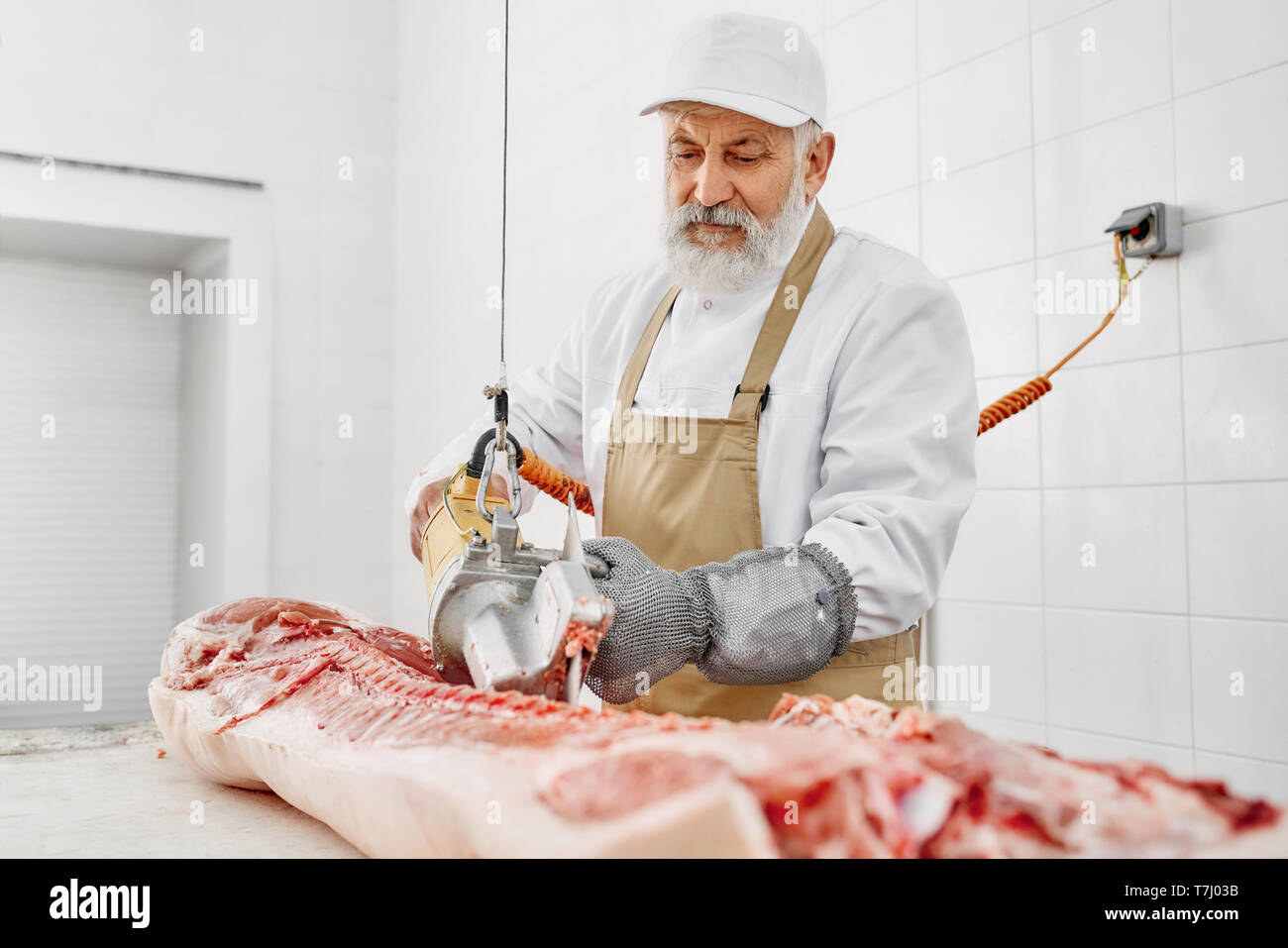 Stattliche professional Butcher, schneiden Wirbel und Knochen von Schweinefleisch Schlachtkörper mit einem elektrischen Messer auf den Tisch. Arbeiter in spezielle Handschuhe, weiße Uniform und Kappe, braun Schürze. Stockfoto