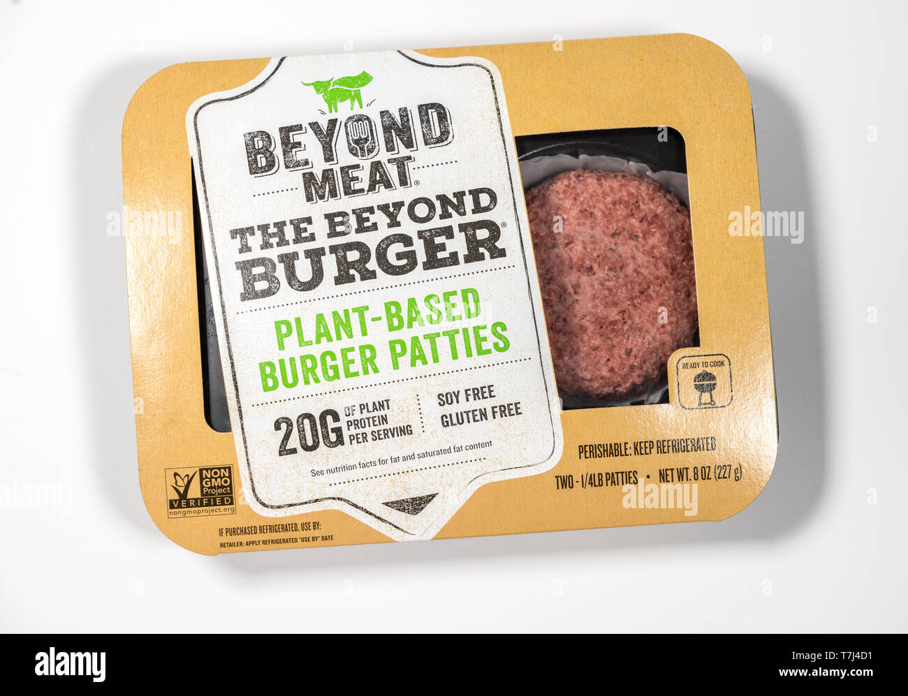 Darüber hinaus Fleisch auf Basis pflanzlicher burger Paket aus zwei Frikadellen Stockfoto