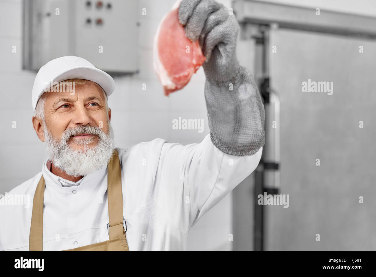 Metzger tragen in weier Uniform, weie Kappe, braun Schrze, spezielle  Handschuhe holding Steak, Kontrolle der Qualitt. ltere Menschen arbeiten  auf die Fleischerzeugung, moderne Fabrik. Lebensmittelindustrie  Stockfotografie - Alamy