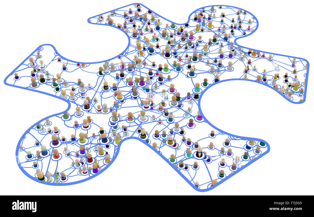 Masse von kleinen symbolischen 3D-Figuren verbunden mit Linien, komplexe 2-in-1-System gerahmte Puzzlestück ausgeschnitten, über Weiß, horizontal, isoliert Stockfoto