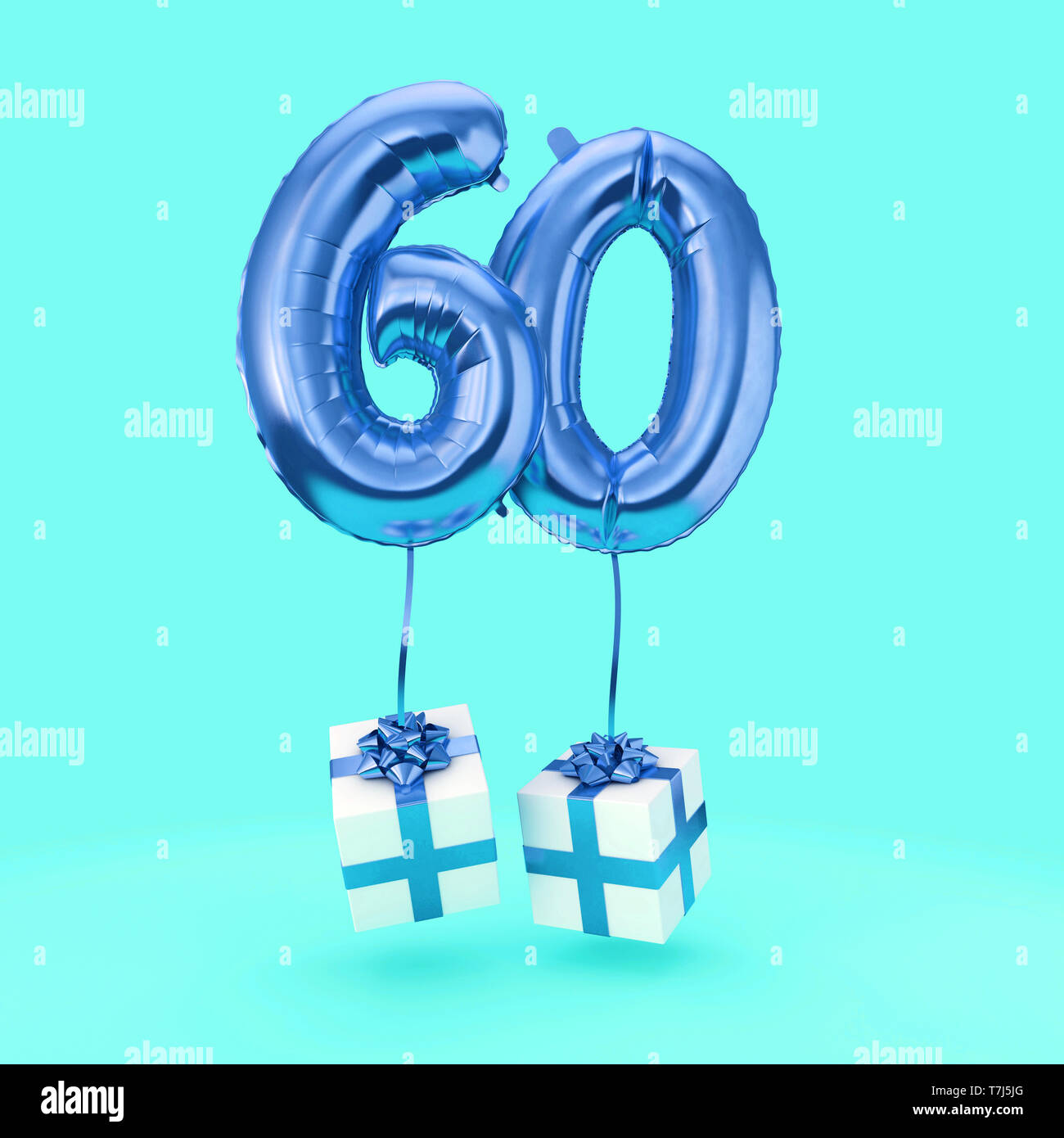 Nummer 60 Geburtstag Feier Folie Helium Ballon mit präsentiert. 3D-Rendering Stockfoto