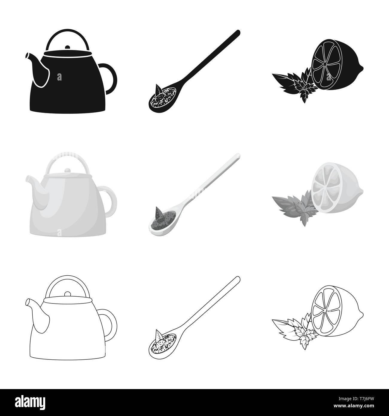 Teekanne, Löffel, Zitrone, Tee, Zitrusfrüchte, Geschirr, Geschmack, Porzellan, Blatt-, Getränke-, Kräuter, frisch, Keramik, Minze, Landwirtschaft, Küchenutensilien, Trinken, Natur, Töpferei, retro, krümelig, Aroma, Indien, gesund, blumig, Medizin, Gradient, Essen, natur, grün, schwarz, Produkt, Bio, Set, Vector, Icon, Illustration, isoliert, Sammlung, Design, Element, Grafik, Vektor, Vektoren, Stock Vektor