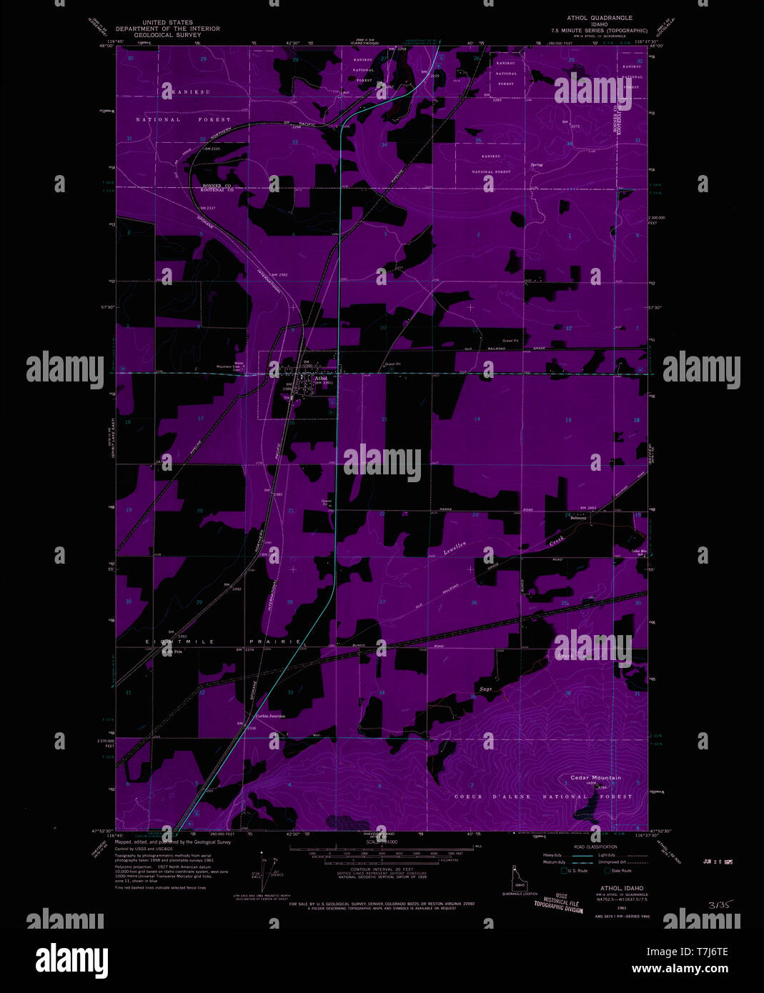 USGS TOPO Karte Idaho ID Athol 235125 1961 24000 invertiert Wiederherstellung Stockfoto